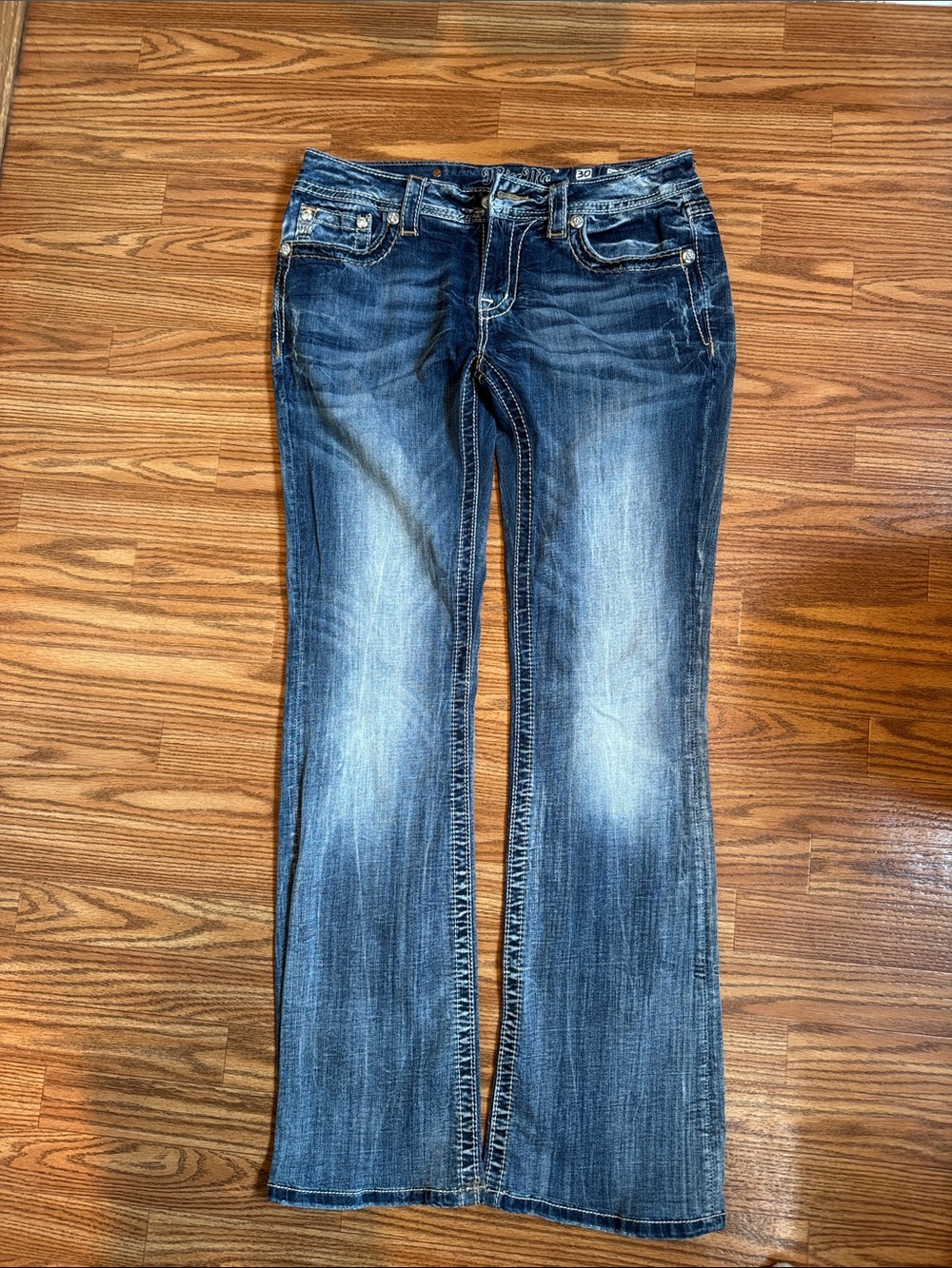 Miss Me Women's Flare Jeans - Dark Blue with Faded Highlights 32in length